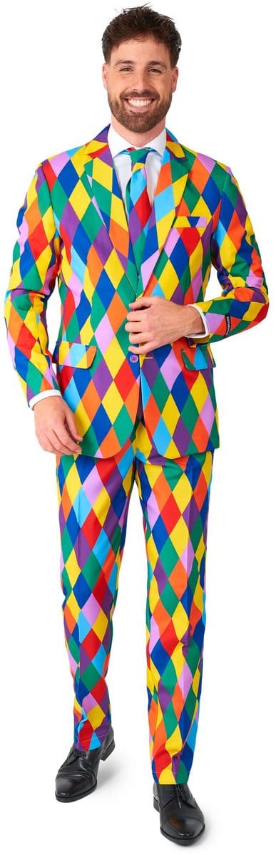 Suitmeister Harleclown - Heren Pak - Carnavalskleding - Kostuum - Clown Outfit - Inclusief Pantalon, Blazer en Stropdas - Multi Color - Maat: L