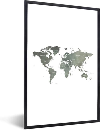 Poster in lijst - Fotolijst 80x120 cm - Posters - Wereldkaart - Grijs - Land - Posterlijst zwart - Decoratie - Wanddecoratie woonkamer - Muurdecoratie slaapkamer