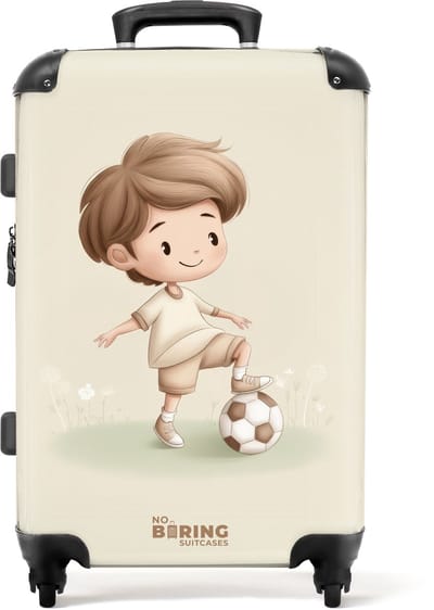 NoBoringSuitcases.com® - Kinderkoffer jongen - Kindertrolley jongens - Jongen met een voetbal in bruine tinten - Koffer kind groot - Rolkoffer lichtgewicht - Reiskoffer met 4 wielen - Grote trolley XL - 20 kg bagage
