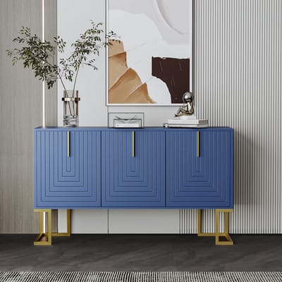 Sweiko Modern 3-deurs Dressoir met verstelbare planken, U-vormige kastdeuren en metalen handgrepen en voet voor eetkamer en keuken, Blauw