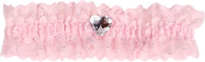 Roze kousenband met kant en hartje strass