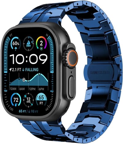 Stravo Premium RVS Schakelband met Vlindersluiting – Iron Style Metalen Horlogebandje – Geschikt voor Apple Watch 46mm (Series 10/11), 45mm (Series 7/8/9), 44mm (Series 4/5/6, SE 1/2/3), 49mm (Ultra 1/2/3) – Blauw