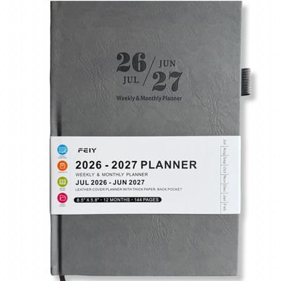 Feiy Grey Agenda - 2026-2027 - A5 formaat Schoolagenda - 1 week op 2 pagina's - Harde kaft - Met Elastiek