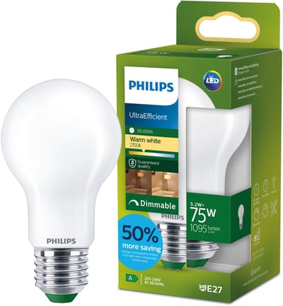 Philips UltraEfficient LED lamp - 75W - E27 fitting - Warmwit licht: 2700K - Dimbaar - Mat glas - A60 lampvorm - Lange levensduur