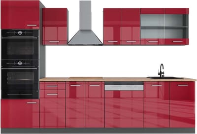 Vicco R-Line Complete keukeneenheid – 300 cm met hoge kast, WB Eik Rood hoogglans/antraciet