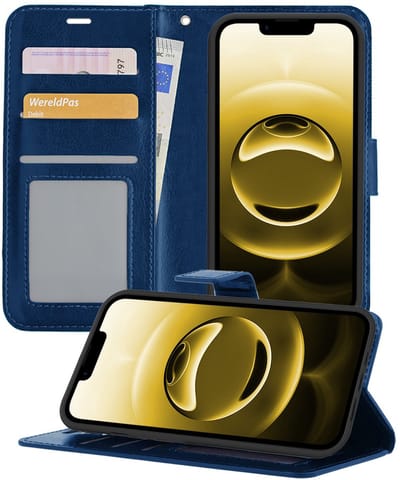 Hoesje - Met Pasjeshouder - Geschikt voor Apple iPhone 16e - Luxe Bookcase Portemonee - Flip Case - Kunstleer Book Case - Flipcase - Book Cover - Walletcase - Portemonneehoes - Telefoonhoesjes - Donkerblauw