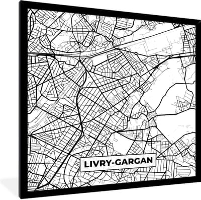 Fotolijst incl. Poster Zwart Wit- Frankrijk - Livry-Gargan - Kaart - Plattegrond - Stadskaart - Zwart wit - 40x40 cm - Posterlijst