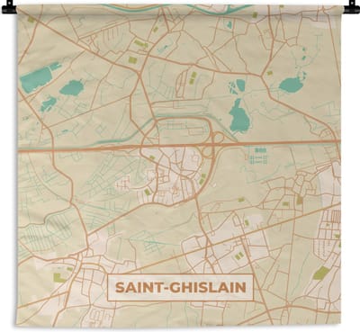 Wandkleed - Wanddoek - Stadskaart - Saint-Ghislain - Plattegrond - Kaart - België - 180x180 cm - Wandtapijt