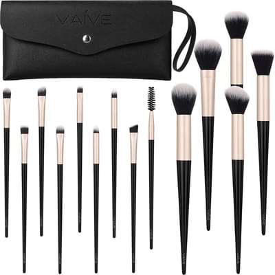 Vaive Make Up Borstels Set 15-Delig - Vegan Kwasten - Foundation, Oogschaduw, Blush, Kabuki & Bronzer Kwast - met Etui - Champagnekleurig