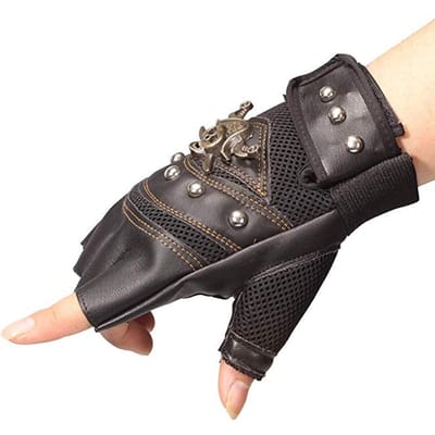 1 paar kunstleren handschoenen met klinknagels, piraten- en skeletmotief, punk halfvingerhandschoenen voor heren. zwart
