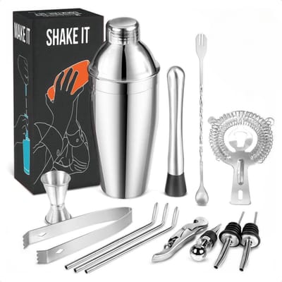 KitchenBrothers Cocktail Set - 13 delig - Inclusief Cocktail Shaker (750ml) - Compleet voor Cocktailbar - RVS - Cocktailset - BPA-Vrij - Met Receptenboekje - Cadeauverpakking