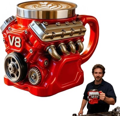 KZQ Retro Koffiemok V8 Motor Thema Dubbelwandige Roestvrije Staal Geïsoleerde Reismok voor Automobiel Liefhebbers Vaderdag Cadeau voor Man Echtgenoot Monteur