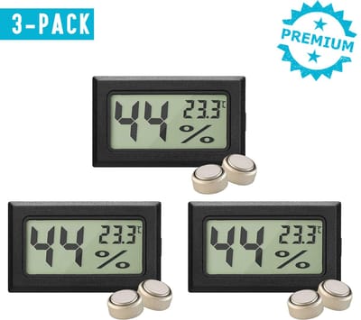 Qitch&Quisine - Hygro - Vochtmeter - Hygrometer - Hygrometer Met Batterijen - Zwart - Inclusief Thermometer - Digitale Luchtvochtigheidsmeter - Voor Binnen & Buiten - 2 in 1 - Set van 3