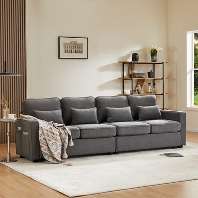 Sweiko Moderne 4-zits Bank in linnen stof, vierzits bank met armsteunzakken en 4-kussens, eenvoudige stijl bank, geschikt voor woonkamer, appartement, kantoor