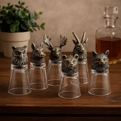 Shotglazen 50ml - Set 6 stuks in geschenkdoos - Wild Forest Creatures Series - Handgemaakt Glas - Messing Sculpturen - Luxe Geschenkdoos