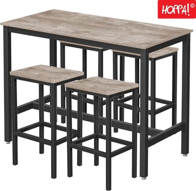 Hoppa! Bartafel- en barkrukkenset | Greywash en zwart | Bartafel 120×60×90 cm, 4 barkrukken 30×40×65 cm (L×B×H)