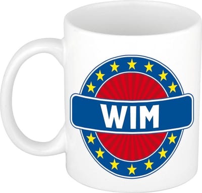 Bellatio Decorations - Wim voornaam - koffiemok - beker - wit/blauw - 300 ml - Cadeau - Heren - Collega - Vaderdag - Verjaardag