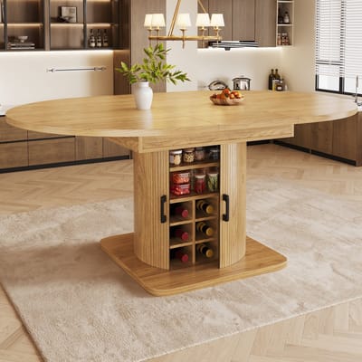 OKWISH Uitschuifbare Eettafel – Verborgen Opbergruimte – Voor Kleine Ruimtes En Eethoek – MDF Natuurlijk Bruin – 118-158 cm