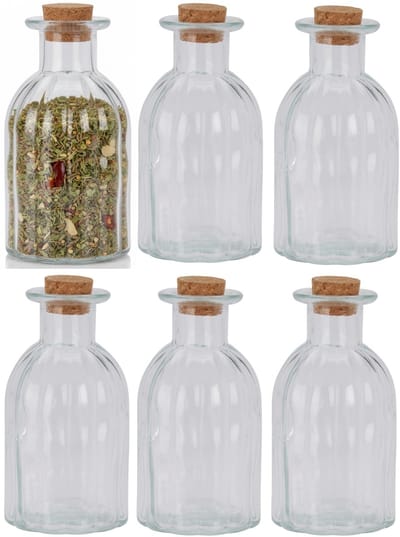 Excellent Houseware Kruidenpotjes - kleine potjes of flesjes - 6x stuks - glas - transparant - 280 ml - met dop van kurk - flessenpost - weckpotten