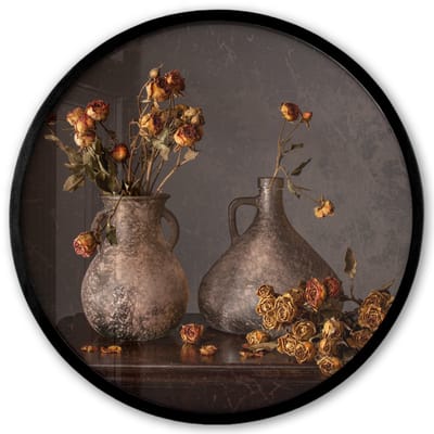 Poster in lijst Rond - Fotolijst 40x40 cm - Posters - Stilleven - Bloemen - Vaas - Donker - Ronde posterlijst zwart - Decoratie - Wanddecoratie woonkamer - Muurdecoratie slaapkamer