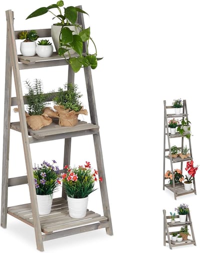 Famanu – Plantenrek met 3 etages, houten klapbaar bloemenrek, HBD: 108 x 41 x 40 cm, grijs