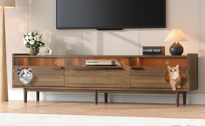 Wishdor - TV-Meubel Met Ledverlichting En Kattenruimte - Vintage - Voor Woonkamer - MDF En Gehard Glas - Walnootkleur - 180 X 40 X 50 Cm