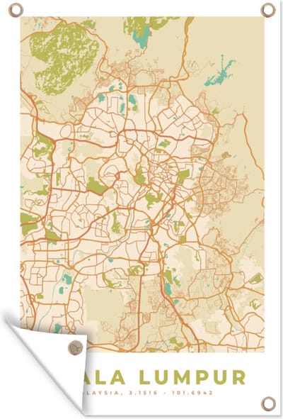 Muurdecoratie Kaart - Kuala Lumpur - Stadskaart - Plattegrond - Vintage - 120x180 cm - Tuinposter - Tuindoek