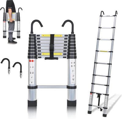Telescopische aluminium ladder 2,6 m met antislip en afneembare haak, multifunctionele ladder voor binnen en buiten