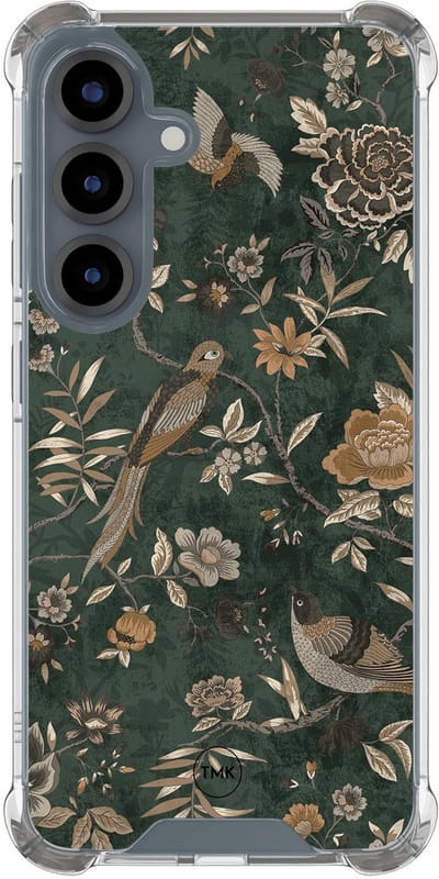 Shockproof hoesje geschikt voor Samsung Galaxy S25 - Khaki golden flowers - Schokbestendig - Verhoogde randen - TPU case - Extra Sterke Back Cover - Bloemen - Transparant, Groen