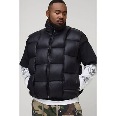 Plus High Shine Weft Oversized Funnel Neck Gilet | Black | Size 2XL