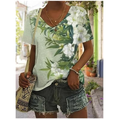 Zomer Print Dames T-shirt Bloemen Grafisch Planten Vintage Tropisch Hawaïaans Korte Mouw V-hals Dagelijkse Print Lente T-shirts L blue