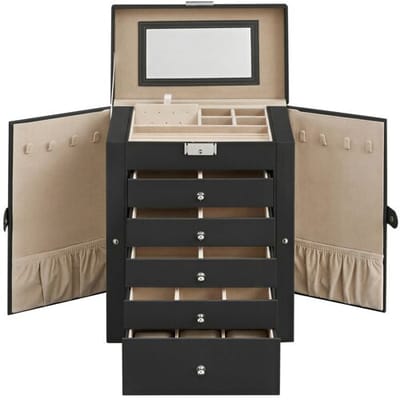 Ochama JOYFURNOS Sieradendoos met 6 lagen, sieradenkist met 5 lades, grote opbergcapaciteit, met spiegel, afsluitbaar, sieradenorganizer, cadeau voor