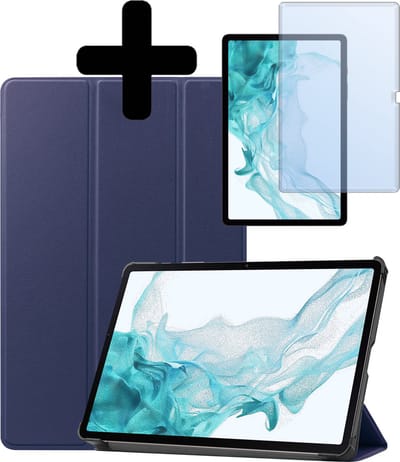 Hoes - Geschikt voor Samsung Galaxy Tab S10 Plus - Met Screenprotector - Trifold Bookcase - Hard Cover Case - Met Uitsparing Geschikt voor S Pen - Hardcover Book - Tablet Hoesje - Donkerblauw