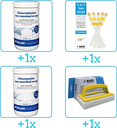 Zwembad Onderhoudspakket - Onderhoud Zwembad - bevat Chloor - Testrips - Chloor en Scrubborstel (4-delig)