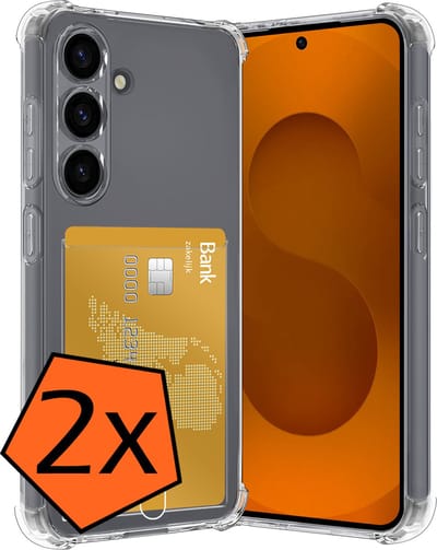 Hoes - 2 Stuks - Geschikt voor Samsung Galaxy S25 - Met Pashouder en Kaarthouder - Telefoon Hoesje Shockproof - Siliconen Case - Back Cover - Shock Proof - Pasjes Houder - Transparant