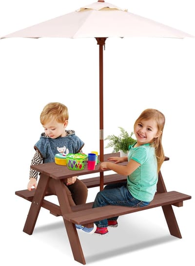 Kinderzitgroep met Parasol – Houten Picknicktafel voor Buiten – Tuinset voor Kinderen