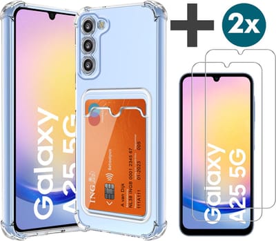 Hoesje met 2 Stuks Screenprotectors Geschikt voor Samsung A25 Hoesje Met Pashouder Siliconen Shockproof Case - Arara Backcover- Transparant