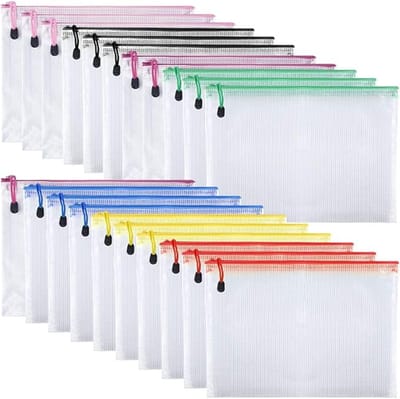 21 Stuks A5 portefeuilles met rits. Plastic gaasstoffen document portefeuilles voor cosmetica, kantoorbenodigdheden en accessoires, gemengde kleuren