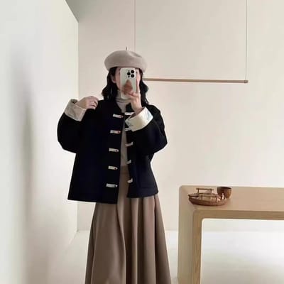 Jas van dubbelzijdige wol met parelknopen in Chinese stijl voor dames Nieuw Nieuwe Chinese stijl Tangpak Hanfu Korte wollen jas M