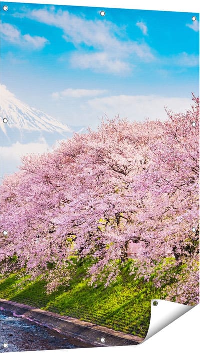 Gards Tuinposter Roze Bloesembomen bij de Fuji Berg - 80x120 cm - Tuindoek - Tuindecoratie - Wanddecoratie buiten - Tuinschilderij
