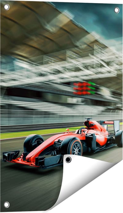 Gards Tuinposter Formule 1 Auto bij de Finish in het Rood - 40x60 cm - Tuindoek - Tuindecoratie - Wanddecoratie buiten - Tuinschilderij