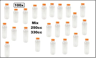 100x Fles Pet mix van 250cc en 330cc met oranje dop - gerecyclede drink fles vruchten sap limonade drank