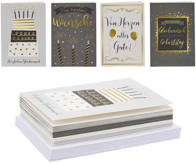 Dailygoods- Verjaardagskaarten set - 24 stuks met enveloppen - 4 motieven met goudfolie - 11,6 x 16,6 cm - Lege binnenkant voor persoonlijke boodschap - Wenskaarten