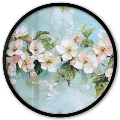 Poster in lijst Rond - Fotolijst 40x40 cm - Posters - Bloesem - Bladeren - Lichtblauw - Ronde posterlijst zwart - Decoratie - Wanddecoratie woonkamer - Muurdecoratie slaapkamer