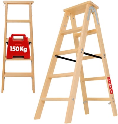 KADAX Houten ladder, ladder van hout, schildersladder, staande ladder, bokladder, inklapbare trapladder, huishoudladder, vouwladder, dubbele trap met stalen haken (5 treden)