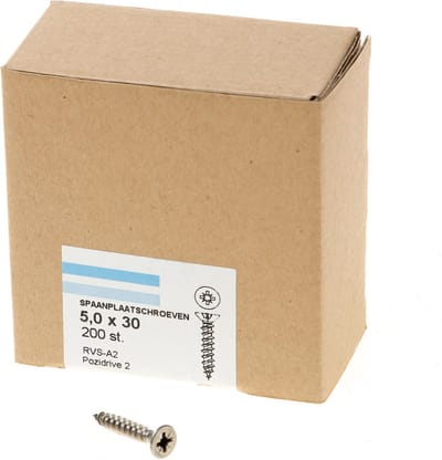 Hoenderdaal Spaanplaatschroef RVS platverzonken kop PZ2 voldraad 5.0X30 (per 200 stuks)