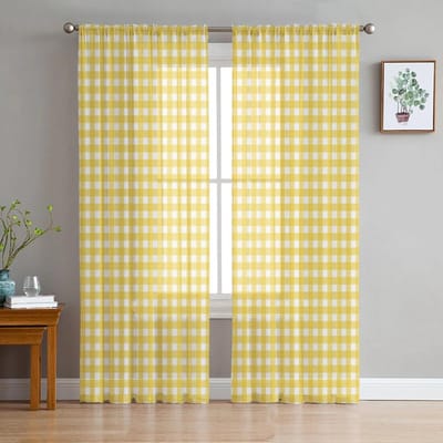 Geel Geruit Transparante Gordijnen voor Slaapkamer Woonkamer Voile Raamgordijnen Tule Gordijnen voor Kinderkamer 135W x 160H(cm)