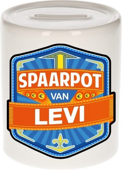 Bellatio Decorations Kinder spaarpot met naam - Levi - keramiek - met dop - wit - Sparen - Spaargeld van Levi
