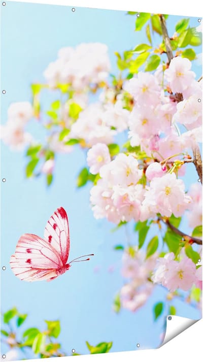 Gards Tuinposter Twee Roze Vlinders bij Roze Bloesem Bloemen - 120x180 cm - Tuindoek - Tuindecoratie - Wanddecoratie buiten - Tuinschilderij