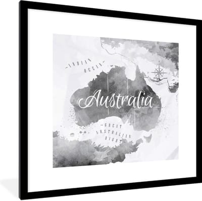 Poster in lijst - Fotolijst 40x40 cm - Posters - Australië - Wereldkaart - Waterverf - Posterlijst zwart - Decoratie - Wanddecoratie woonkamer - Muurdecoratie slaapkamer
